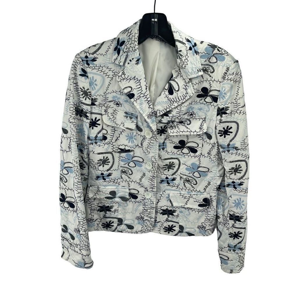 Per Se Women's Floral Cropped Blazer Jacket Fully Lined White Blue Size 4
